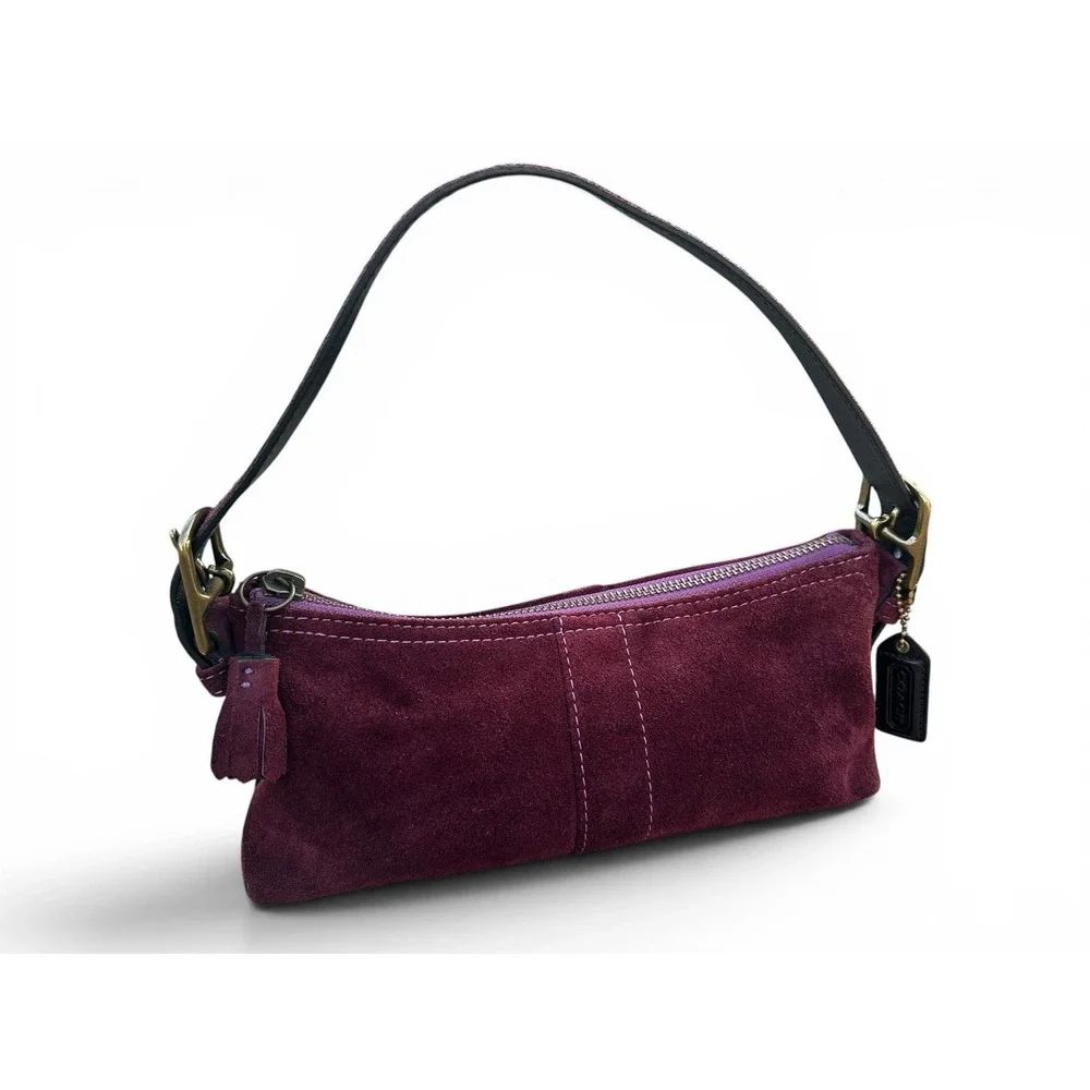 Coach Vintage Y2K Suede Burgundy East West Demi Baguette Purse Bag 7470 RARE